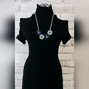 Blue & Green Floral Statement Necklace Silver Tone Chain Spring Style